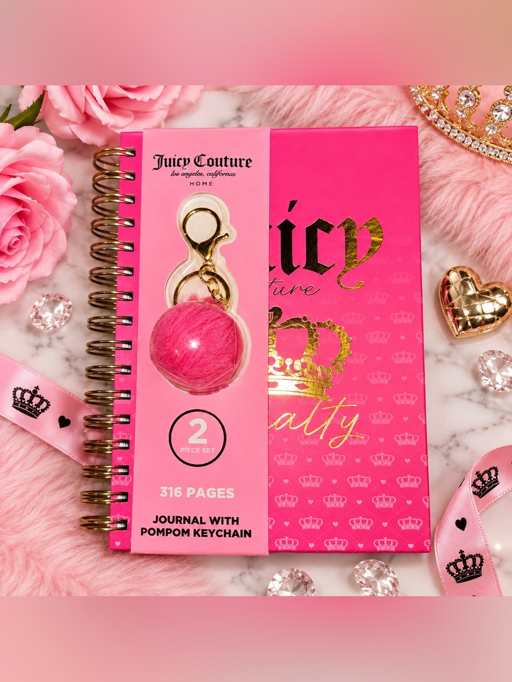 Juicy Couture Hot Pink Crown Journal with Pom Pom Keychain